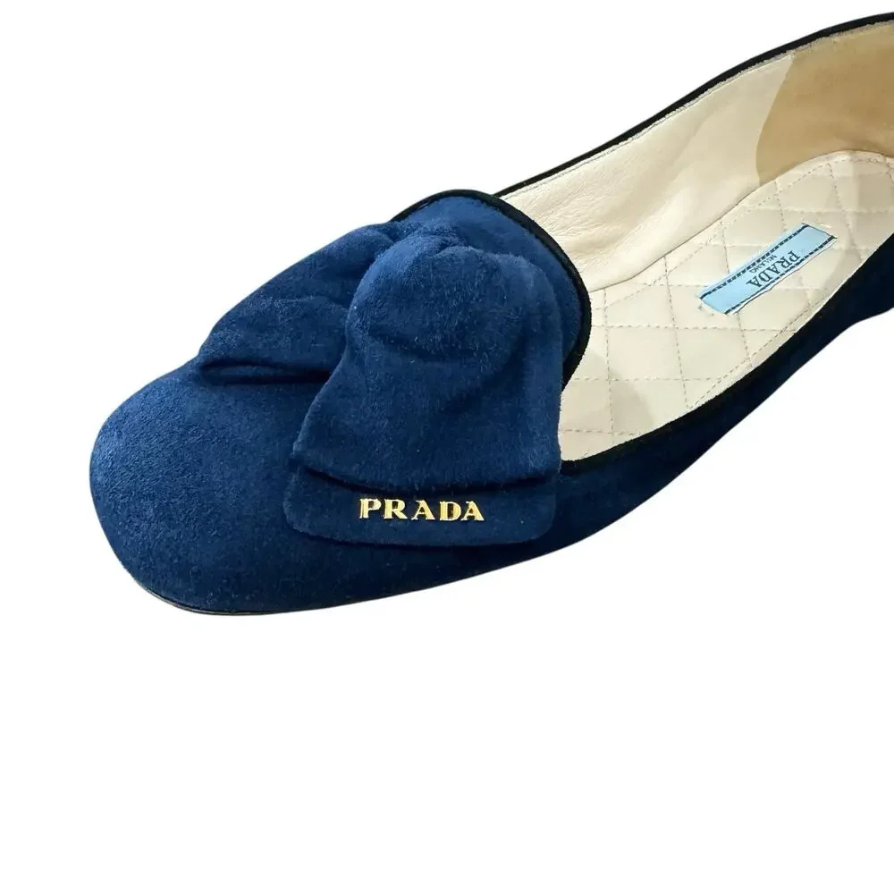 Prada Navy Suede Bow Flats Size 38 EU 8 US Quilted Leather Interior Box Dust Bag